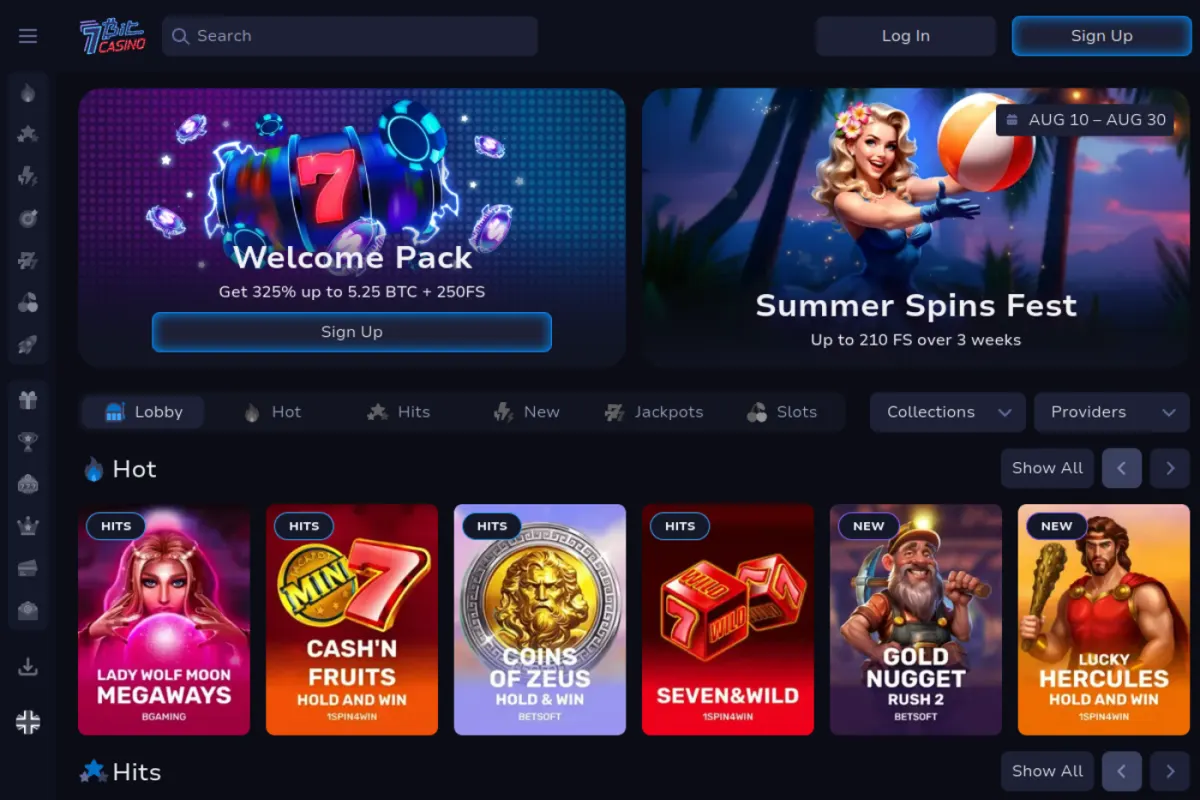 7Bit crypto casino interface showing its current games, navigation and account experience