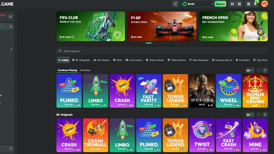BC.Game crypto casino interface showing its current games, navigation and account experience