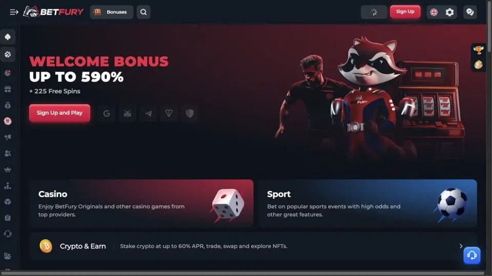 BetFury crypto casino interface showing its current games, navigation and account experience