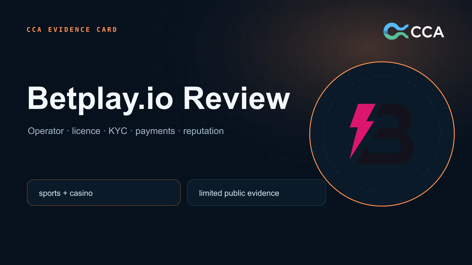 Betplay.io crypto casino review evidence card covering licence KYC payments and reputation