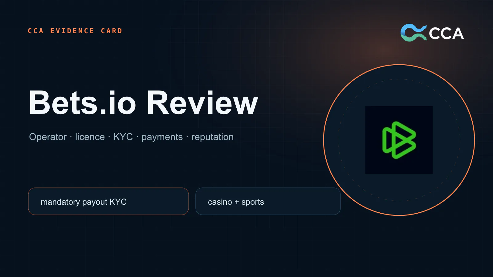 Bets.io crypto casino review evidence card covering licence KYC payments and reputation