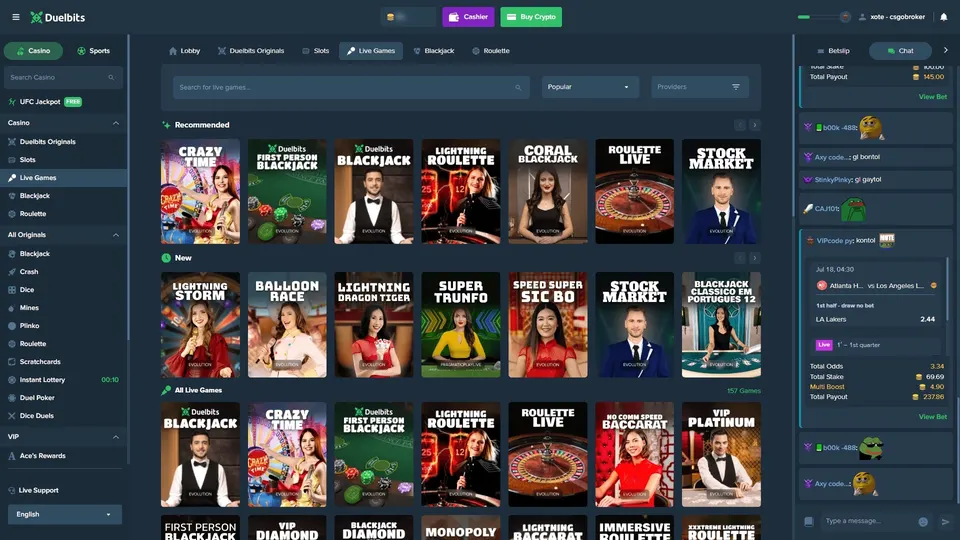 Duelbits crypto casino interface showing its current games, navigation and account experience