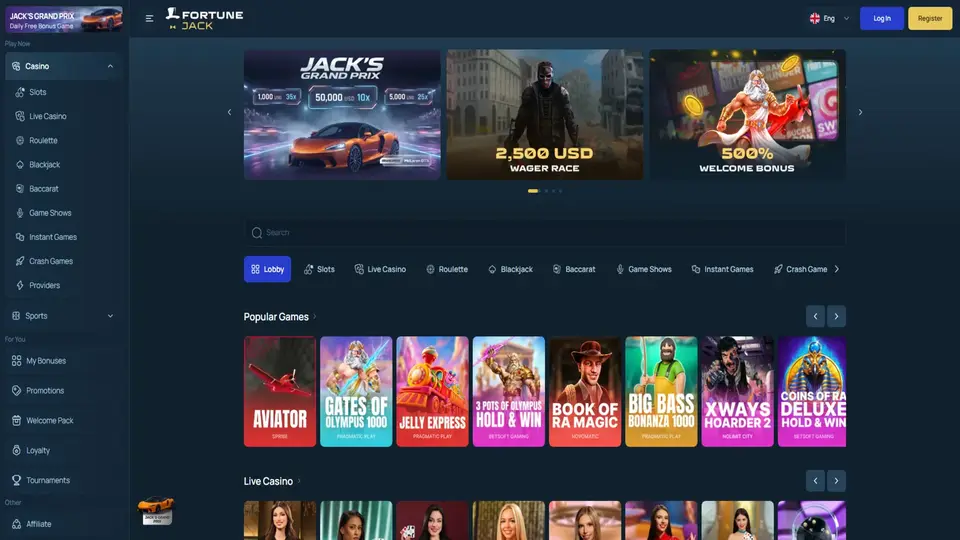 FortuneJack crypto casino interface showing its current games, navigation and account experience