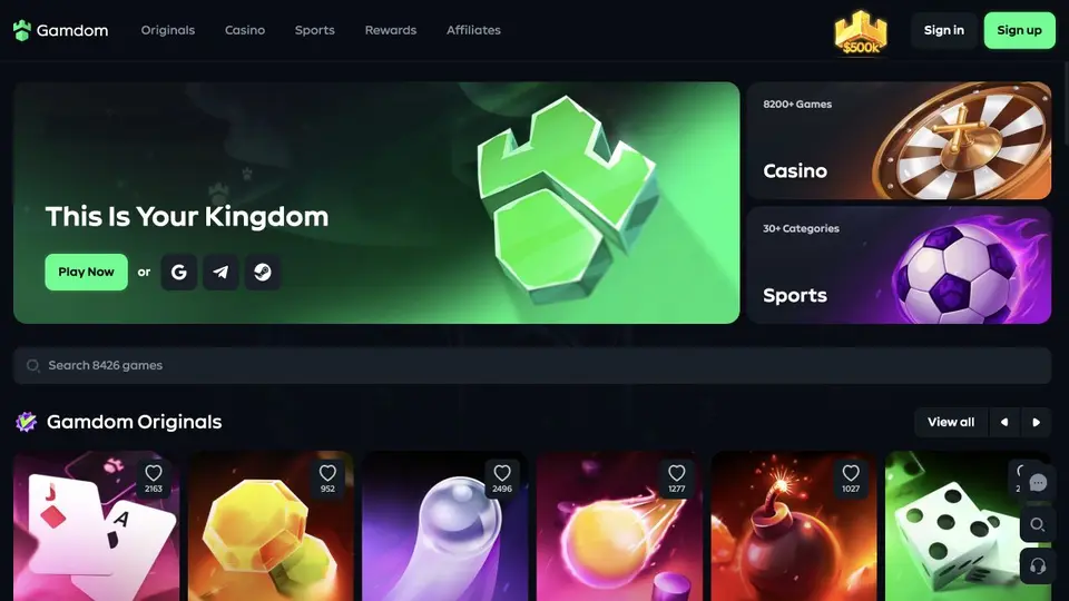 Gamdom crypto casino interface showing its current games, navigation and account experience