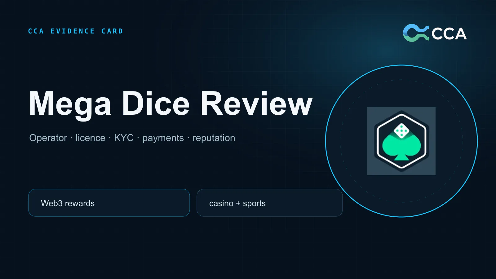 Mega Dice crypto casino review evidence card covering licence KYC payments and reputation