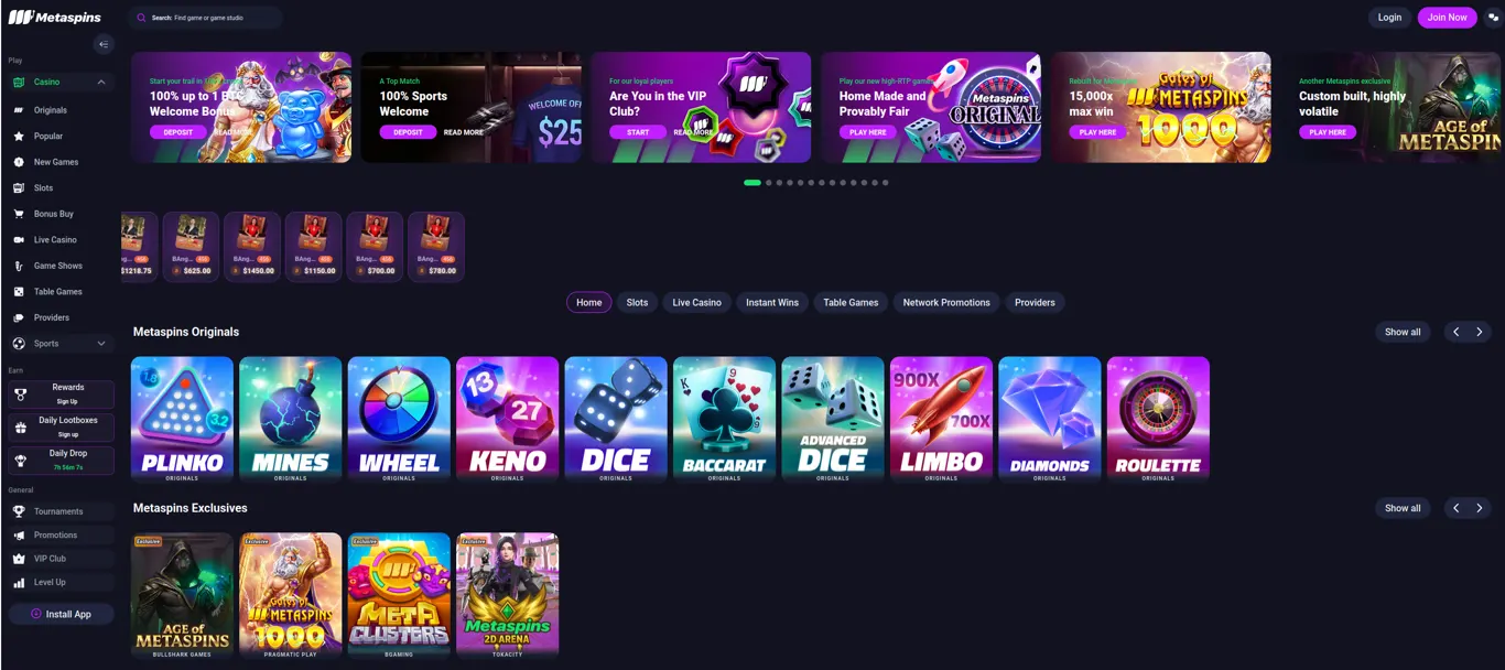 Metaspins crypto casino interface showing its current games, navigation and account experience