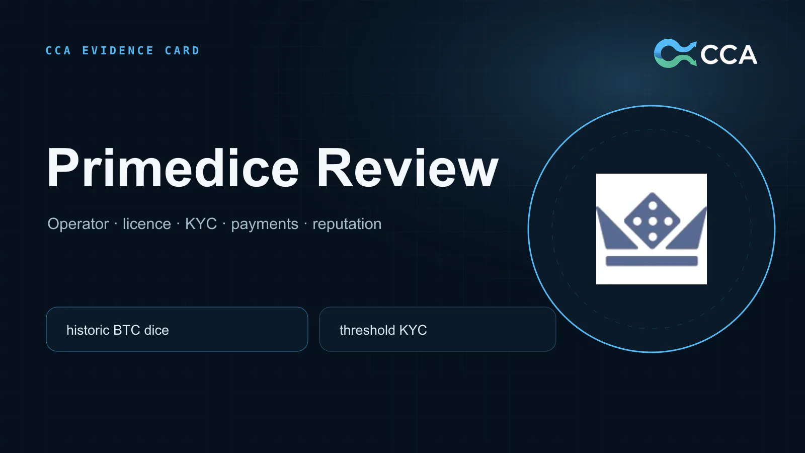 Primedice crypto casino review evidence card covering licence KYC payments and reputation
