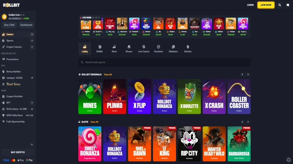 Rollbit crypto casino interface showing its current games, navigation and account experience