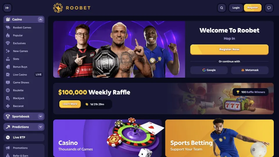Roobet crypto casino interface showing its current games, navigation and account experience