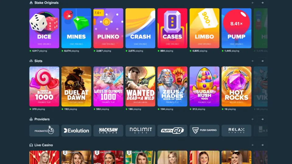 Stake crypto casino interface showing its current games, navigation and account experience