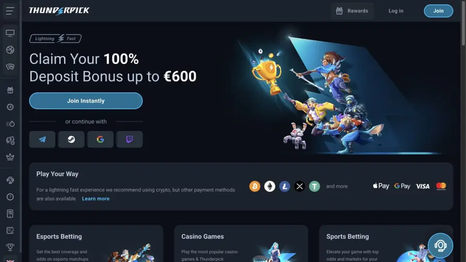 Thunderpick crypto casino interface showing its current games, navigation and account experience