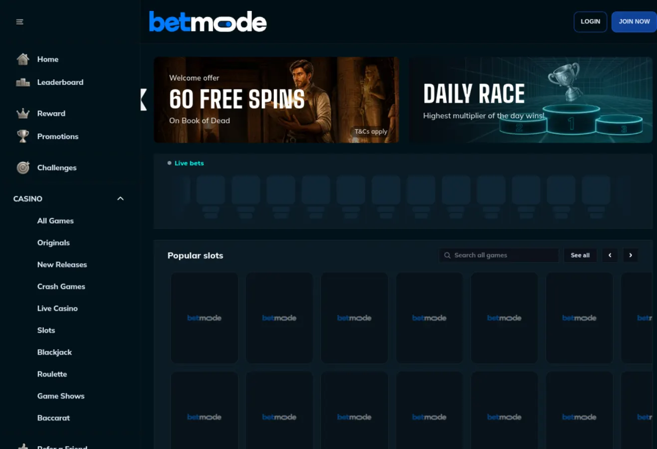 Betmode interface featured among bitcoin casinos