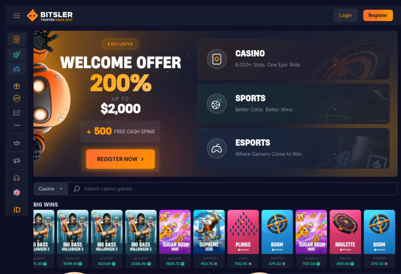 Bitsler casino homepage showing welcome offer, casino, sports, esports and popular games
