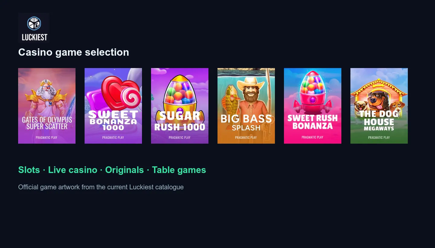 Official Luckiest casino game artwork showing popular slot titles in its current catalogue