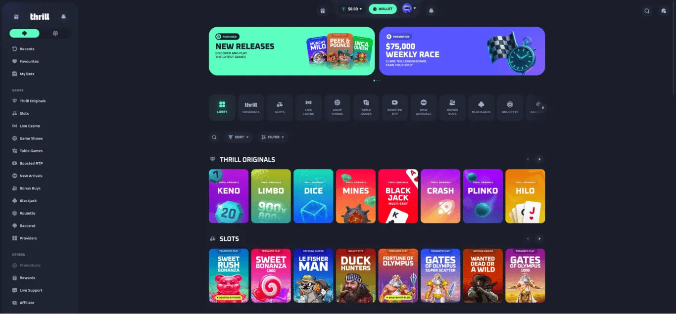 Thrill crypto casino lobby showing Originals, slots, live casino and game categories