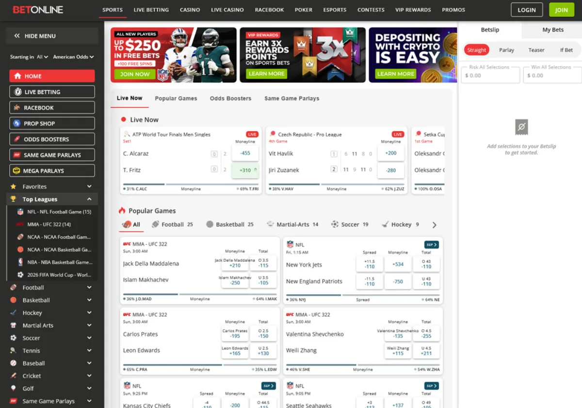 BetOnline crypto casino interface showing its current games, navigation and account experience